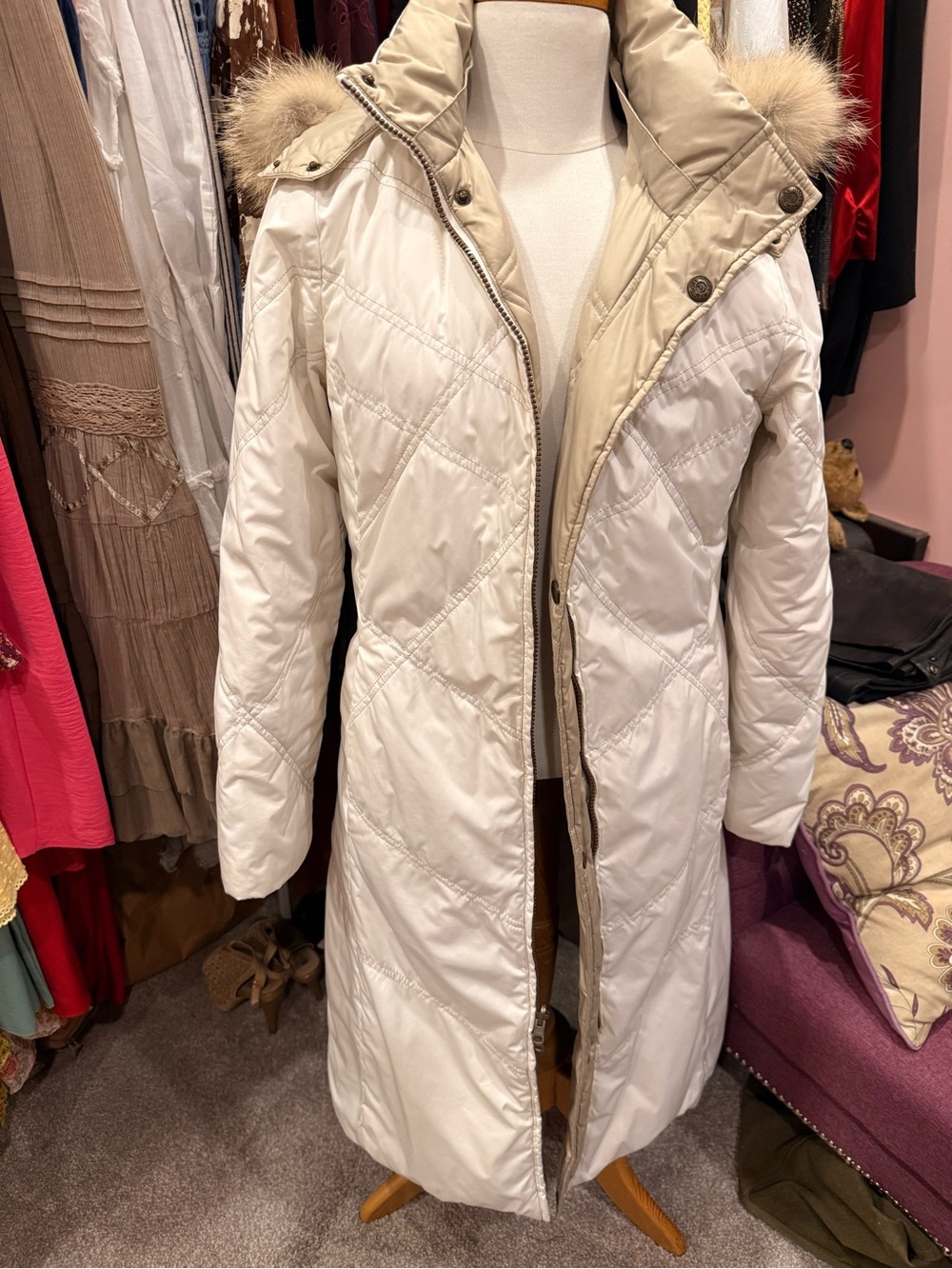 Womens White & Cream Quilted Long Puffer Coat with Faux Fur Trim